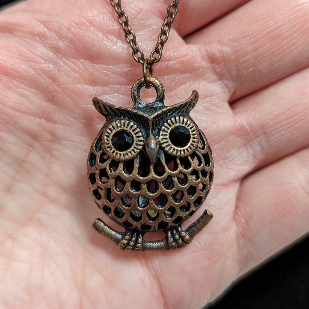 Vintage Bronze Owl Small Pendant Long Chain Necklace